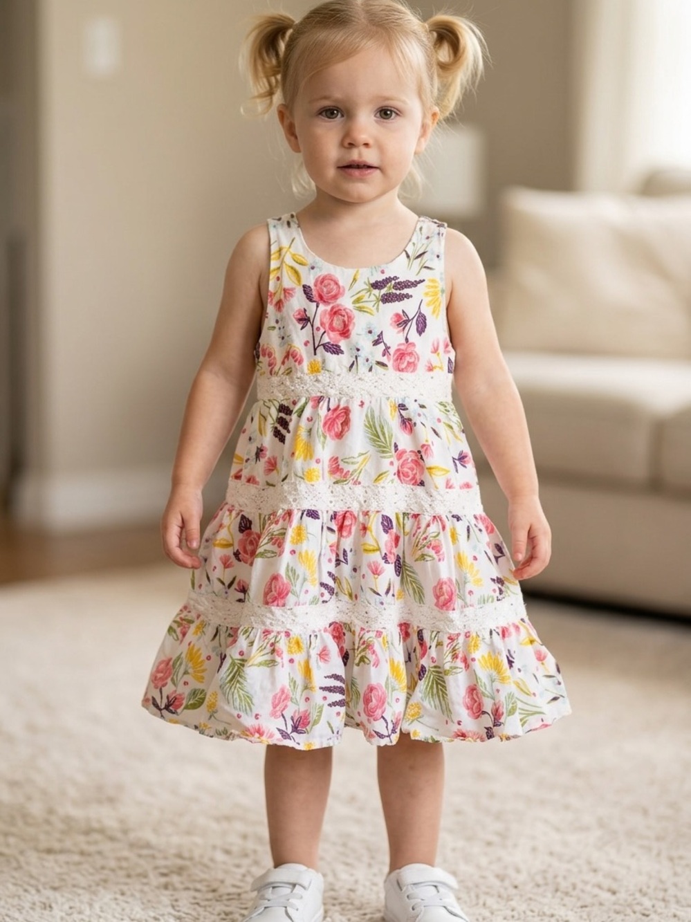 Artisan NY Girls White Floral Tiered Lace Trim Sundress Pink Yellow 2T